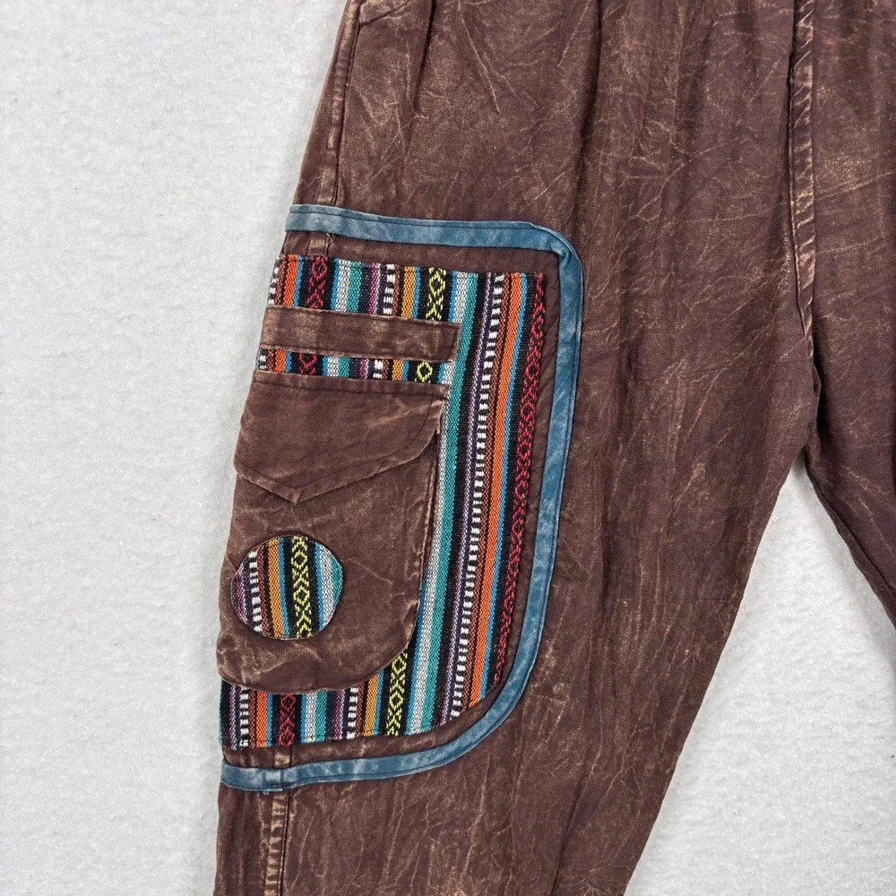 Ubranded Stonewashed Harem Pants Cotton Boho Cargo Medium Brown Tribal Woven